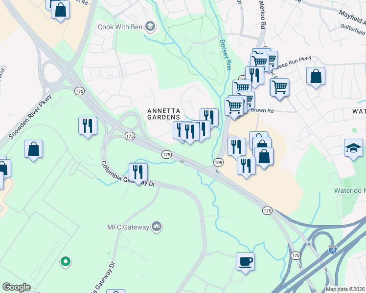 map of restaurants, bars, coffee shops, grocery stores, and more near 8335 Benson Drive in Columbia