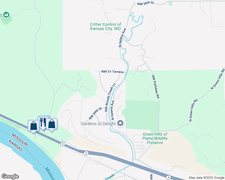 map of restaurants, bars, coffee shops, grocery stores, and more near 5015 Northwest Woody Creek Lane in Kansas City