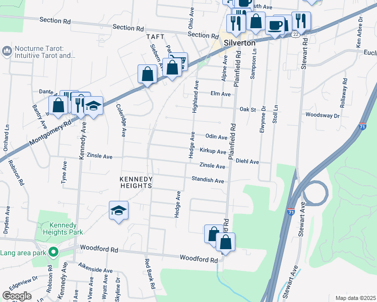 map of restaurants, bars, coffee shops, grocery stores, and more near 3875 Kirkup Avenue in Cincinnati