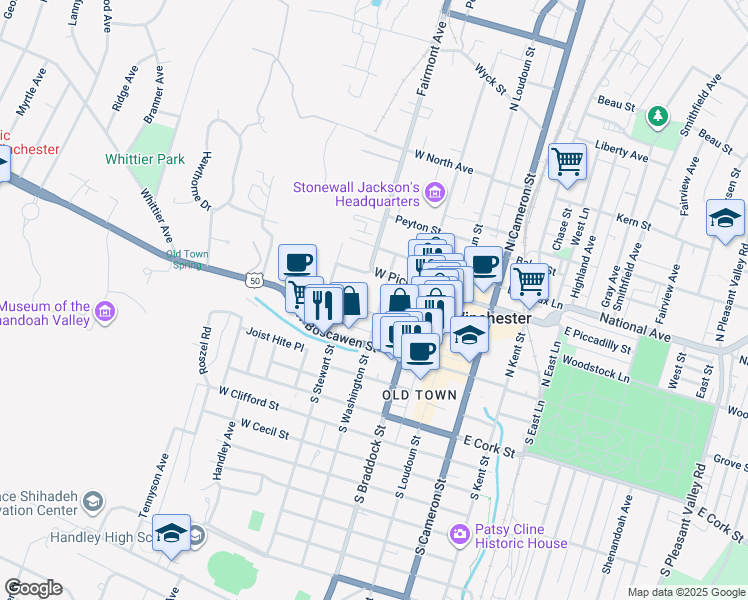 map of restaurants, bars, coffee shops, grocery stores, and more near 111 North Washington Street in Winchester