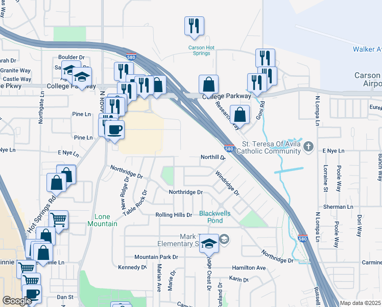 map of restaurants, bars, coffee shops, grocery stores, and more near 1242 Northill Drive in Carson City
