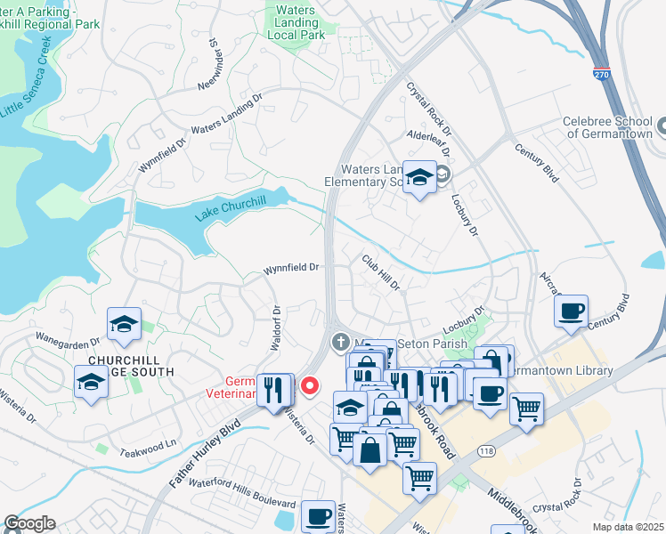 map of restaurants, bars, coffee shops, grocery stores, and more near 7751 Father Hurley Boulevard in Germantown