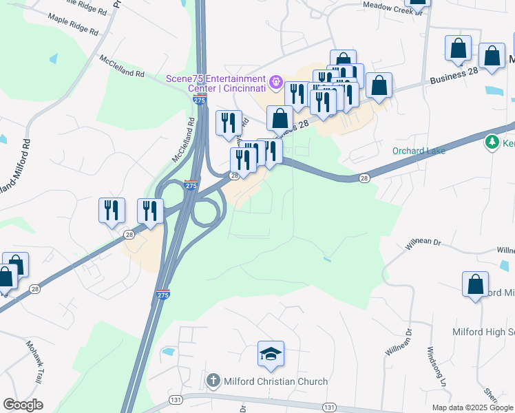 map of restaurants, bars, coffee shops, grocery stores, and more near 5694 Romar Drive in Milford