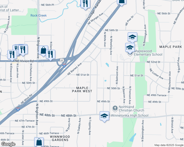 map of restaurants, bars, coffee shops, grocery stores, and more near 5103 North Topping Avenue in Kansas City