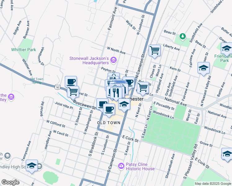 map of restaurants, bars, coffee shops, grocery stores, and more near 119 North Loudoun Street in Winchester