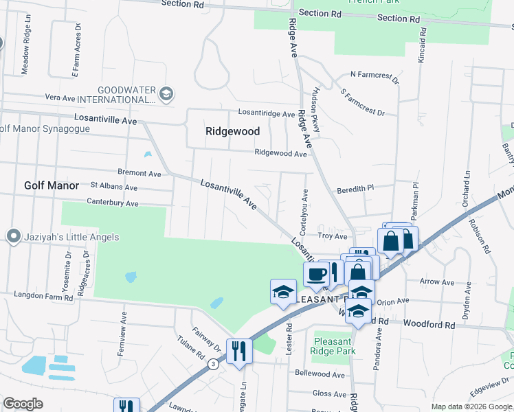 map of restaurants, bars, coffee shops, grocery stores, and more near 2883 Losantiville Avenue in Cincinnati