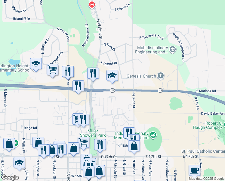 map of restaurants, bars, coffee shops, grocery stores, and more near 220 East Matlock Road in Bloomington