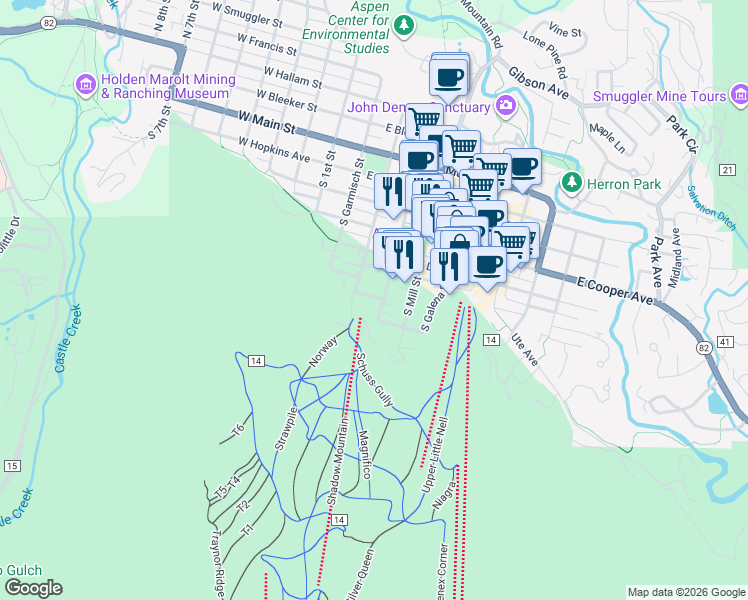 map of restaurants, bars, coffee shops, grocery stores, and more near 701 South Monarch Street in Aspen