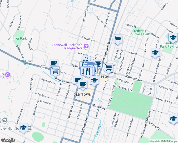 map of restaurants, bars, coffee shops, grocery stores, and more near 167 North Loudoun Street in Winchester