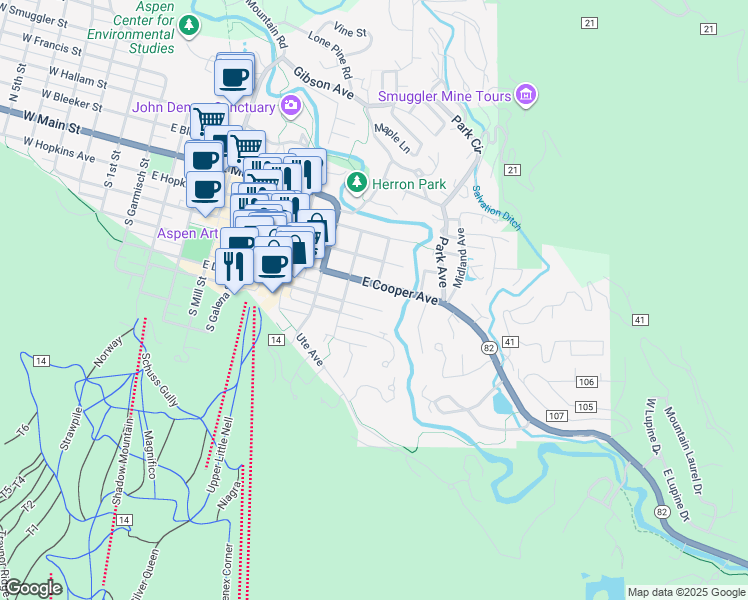 map of restaurants, bars, coffee shops, grocery stores, and more near 929 East Durant Avenue in Aspen