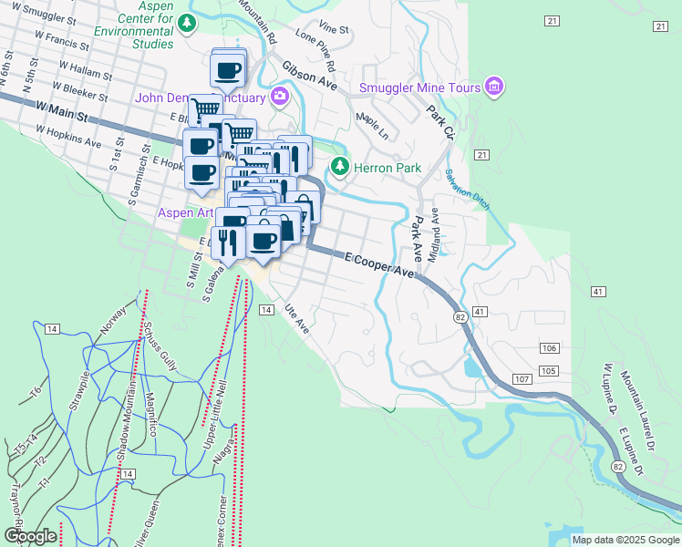map of restaurants, bars, coffee shops, grocery stores, and more near 929 East Durant Avenue in Aspen