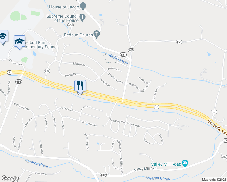 map of restaurants, bars, coffee shops, grocery stores, and more near 320 Morlyn Drive in Stephenson
