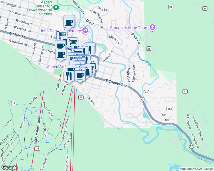 map of restaurants, bars, coffee shops, grocery stores, and more near 929 East Durant Avenue in Aspen