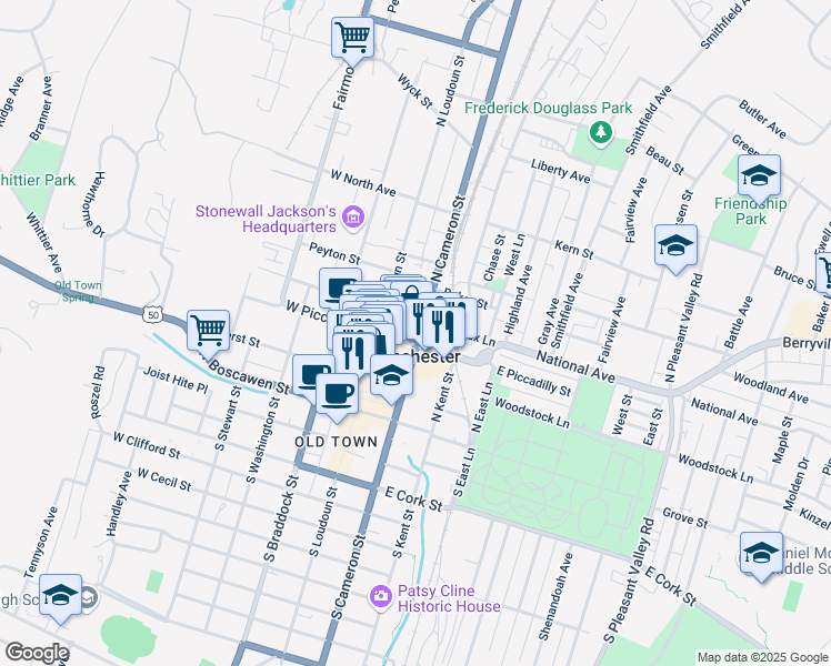 map of restaurants, bars, coffee shops, grocery stores, and more near in Winchester