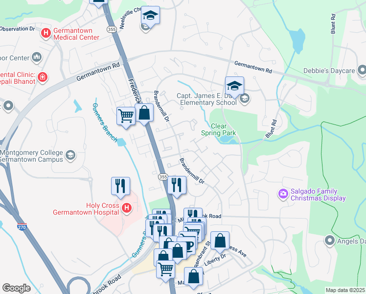 map of restaurants, bars, coffee shops, grocery stores, and more near 11467 Appledowre Way in Germantown