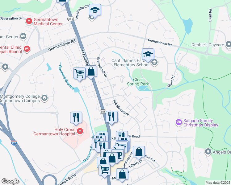map of restaurants, bars, coffee shops, grocery stores, and more near 11467 Appledowre Way in Germantown
