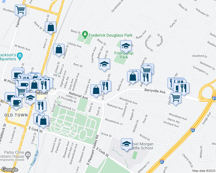 map of restaurants, bars, coffee shops, grocery stores, and more near 410 North Pleasant Valley Road in Winchester