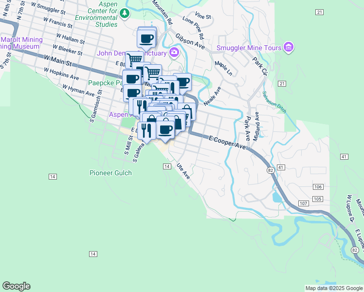 map of restaurants, bars, coffee shops, grocery stores, and more near 107 Aspen Mountain Road in Aspen