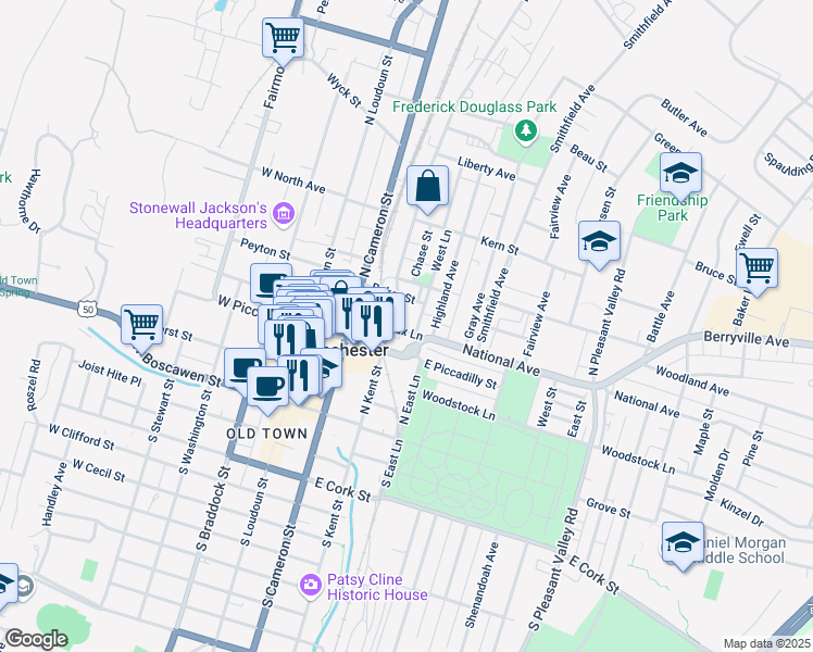map of restaurants, bars, coffee shops, grocery stores, and more near 247 East Fairfax Lane in Winchester