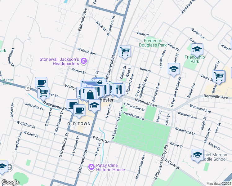 map of restaurants, bars, coffee shops, grocery stores, and more near 126 East Piccadilly Street in Winchester
