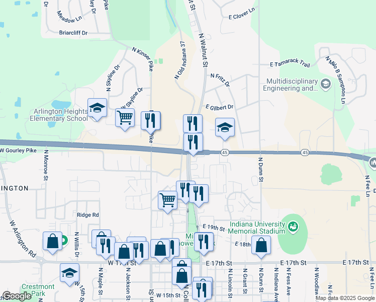 map of restaurants, bars, coffee shops, grocery stores, and more near 2020-2098 N College Ave in Bloomington