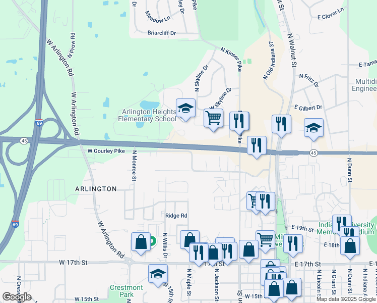 map of restaurants, bars, coffee shops, grocery stores, and more near 815 West Gourley Pike in Bloomington
