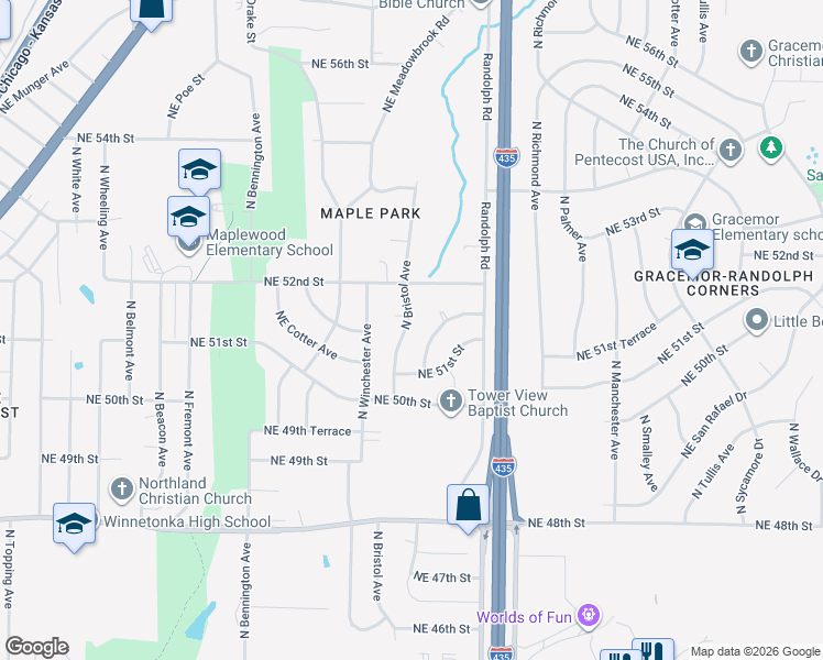 map of restaurants, bars, coffee shops, grocery stores, and more near 5120 North Bristol Avenue in Kansas City