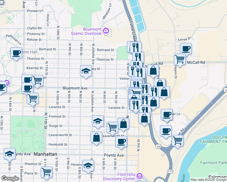 map of restaurants, bars, coffee shops, grocery stores, and more near 512 Moro Street in Manhattan