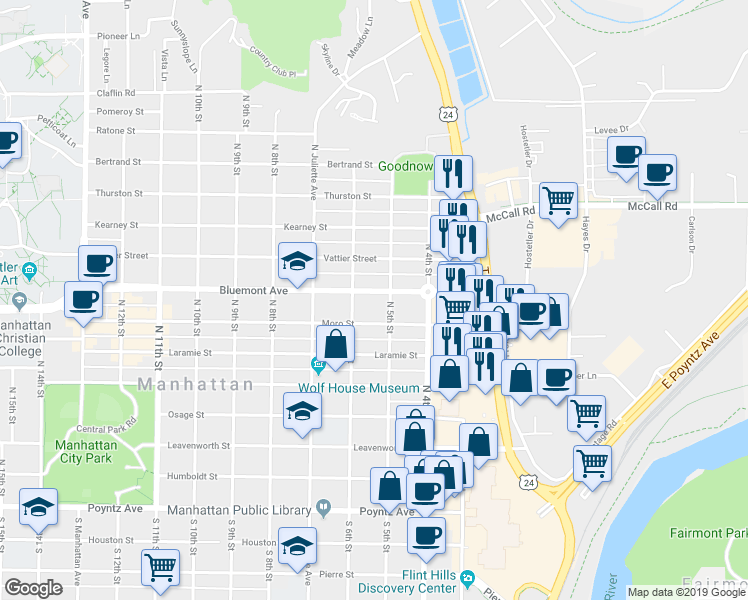 map of restaurants, bars, coffee shops, grocery stores, and more near 512 Moro Street in Manhattan