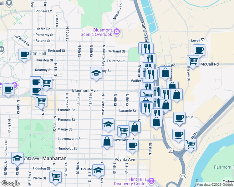 map of restaurants, bars, coffee shops, grocery stores, and more near 512 Moro Street in Manhattan
