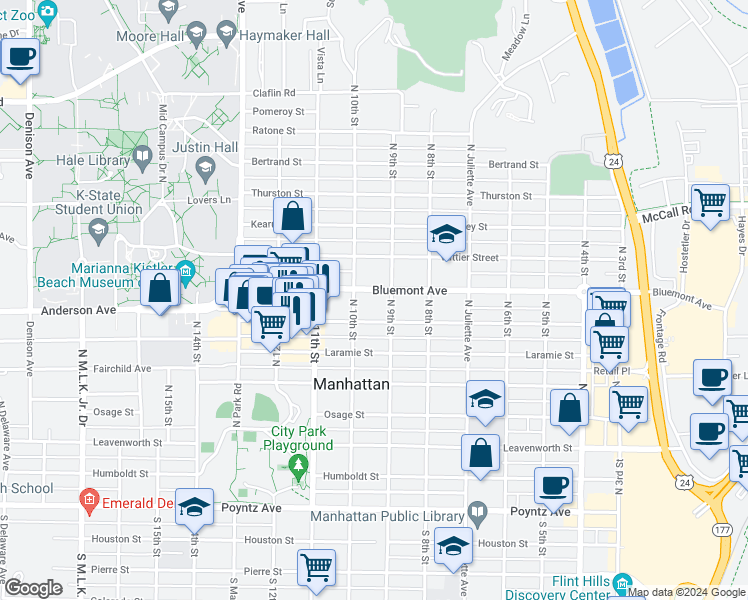 map of restaurants, bars, coffee shops, grocery stores, and more near 701 North 9th Street in Manhattan