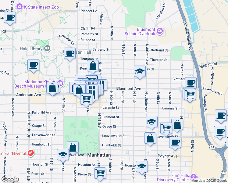 map of restaurants, bars, coffee shops, grocery stores, and more near 923 Bluemont Avenue in Manhattan