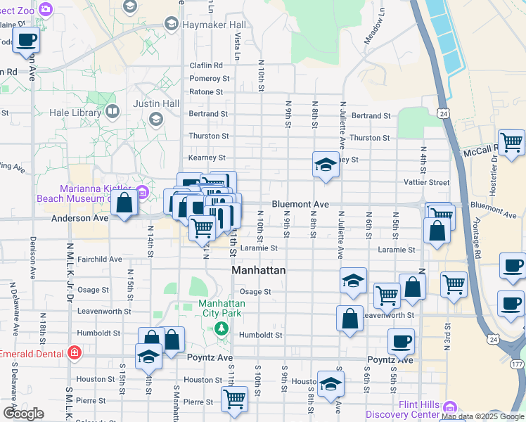 map of restaurants, bars, coffee shops, grocery stores, and more near 923 Bluemont Avenue in Manhattan
