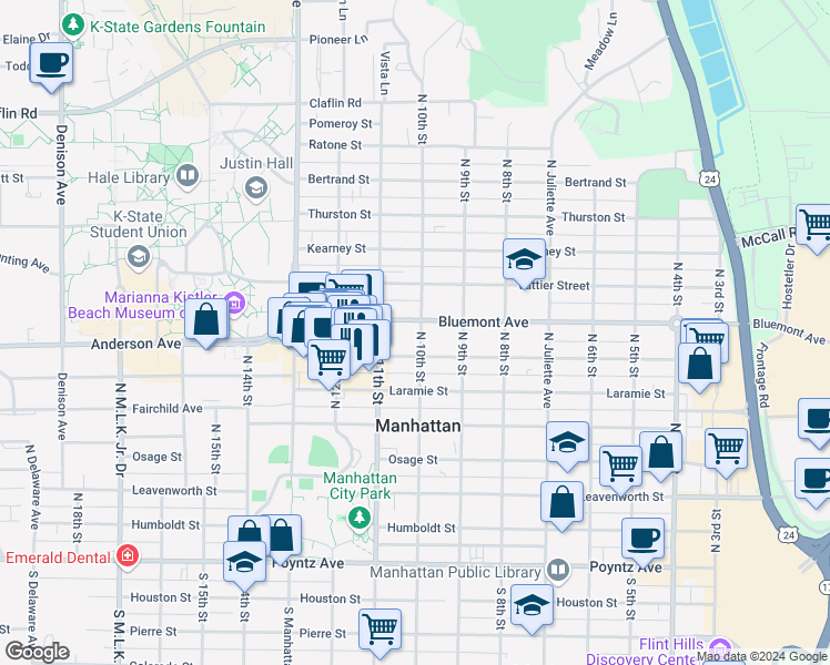 map of restaurants, bars, coffee shops, grocery stores, and more near 923 Bluemont Avenue in Manhattan