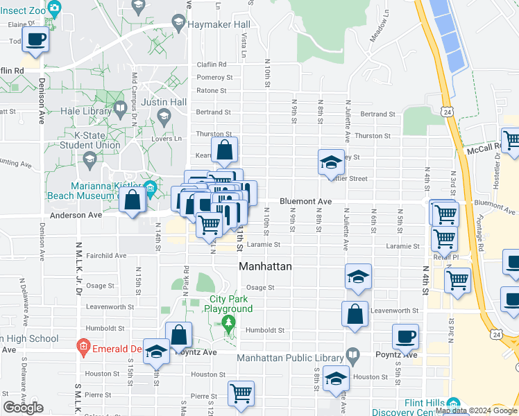 map of restaurants, bars, coffee shops, grocery stores, and more near 923 Bluemont Avenue in Manhattan