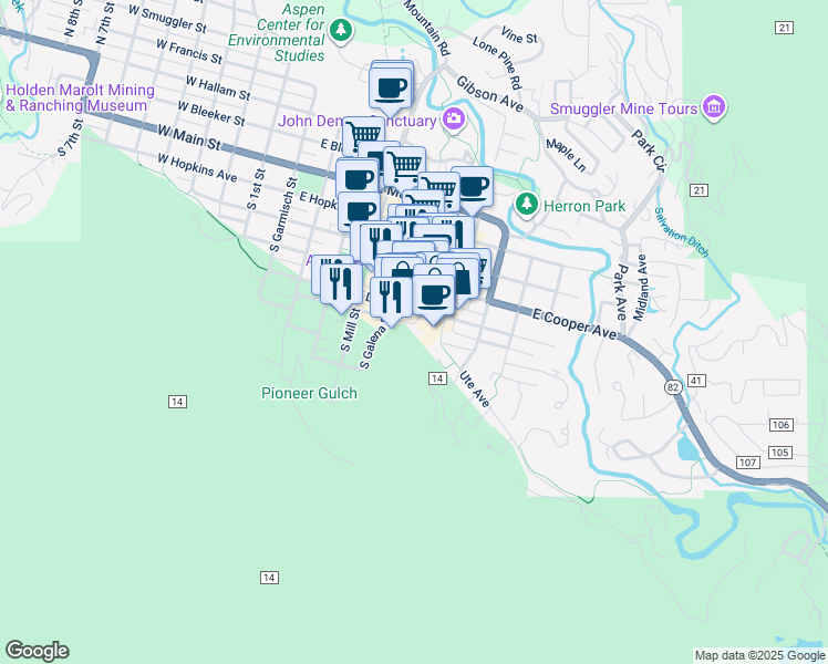 map of restaurants, bars, coffee shops, grocery stores, and more near 611 East Durant Avenue in Aspen