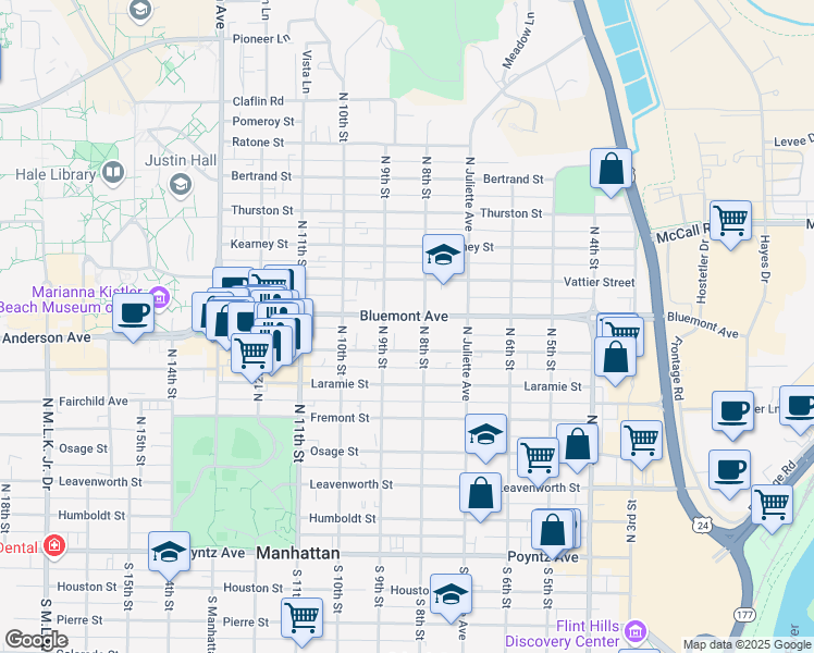map of restaurants, bars, coffee shops, grocery stores, and more near 817 Bluemont Avenue in Manhattan