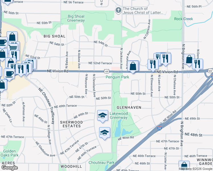 map of restaurants, bars, coffee shops, grocery stores, and more near 3911 Northeast 51st Street in Kansas City