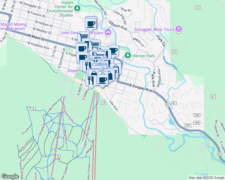 map of restaurants, bars, coffee shops, grocery stores, and more near 107 Aspen Mountain Road in Aspen