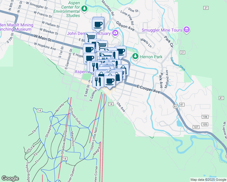 map of restaurants, bars, coffee shops, grocery stores, and more near 700 Ute Avenue in Aspen