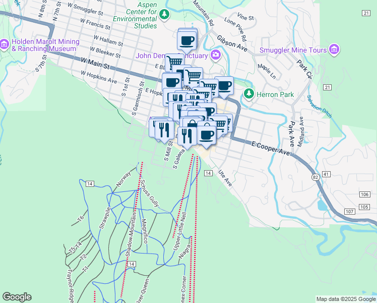 map of restaurants, bars, coffee shops, grocery stores, and more near 626 South Galena Street in Aspen