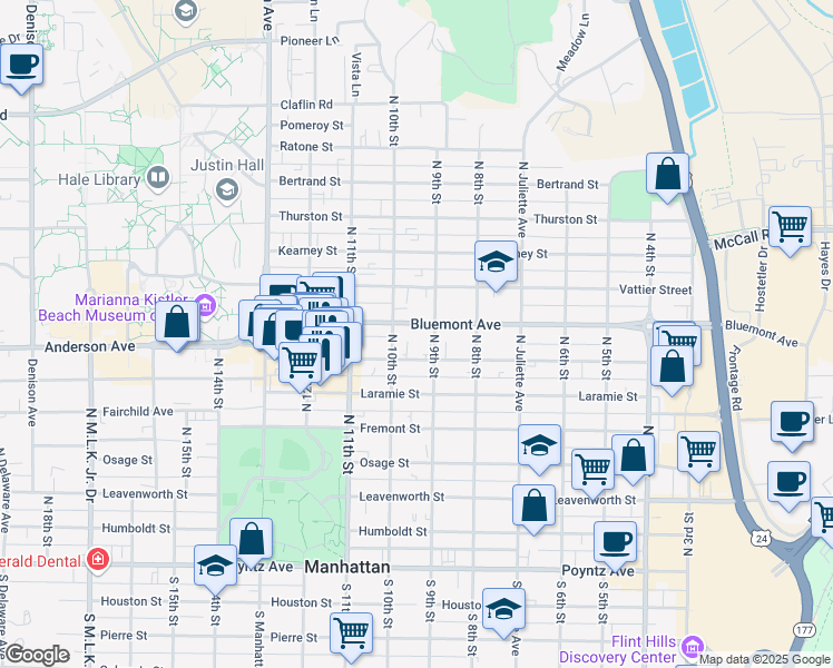 map of restaurants, bars, coffee shops, grocery stores, and more near 913 Bluemont Avenue in Manhattan
