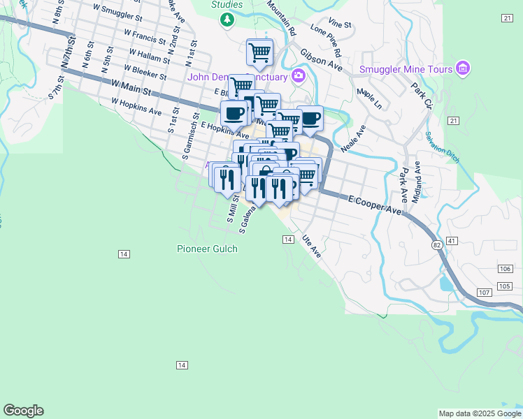 map of restaurants, bars, coffee shops, grocery stores, and more near 501 East Dean Street in Aspen