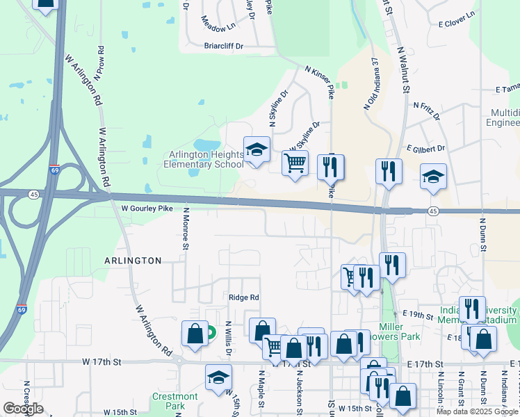 map of restaurants, bars, coffee shops, grocery stores, and more near 800 West Gourley Pike in Bloomington