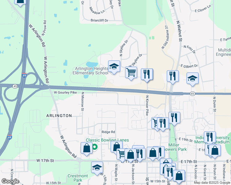 map of restaurants, bars, coffee shops, grocery stores, and more near 800 West Gourley Pike in Bloomington