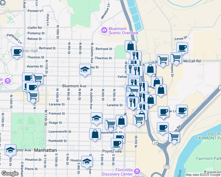 map of restaurants, bars, coffee shops, grocery stores, and more near 511 Bluemont Avenue in Manhattan