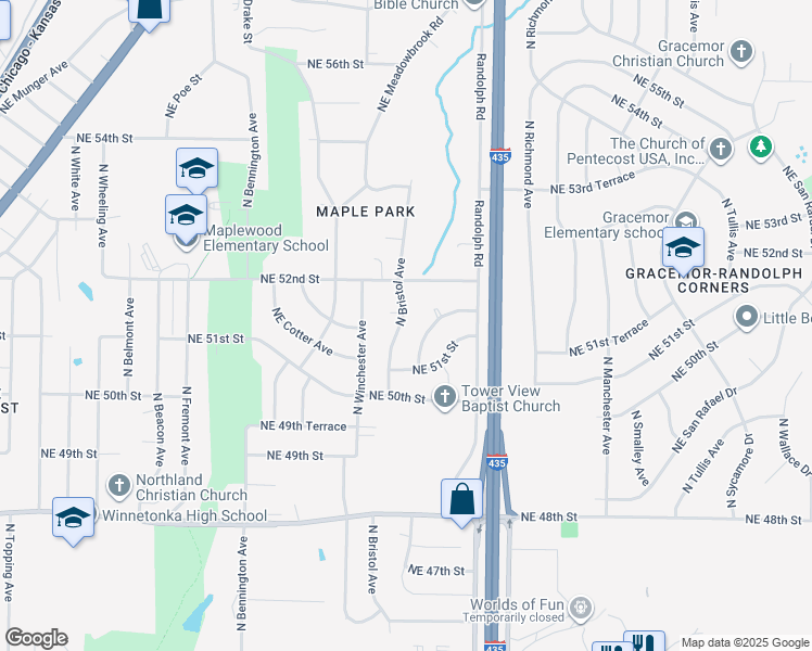 map of restaurants, bars, coffee shops, grocery stores, and more near 5135 North Bristol Avenue in Kansas City