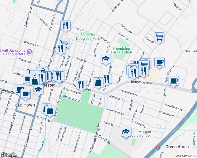 map of restaurants, bars, coffee shops, grocery stores, and more near 400 Van Fossen Street in Winchester