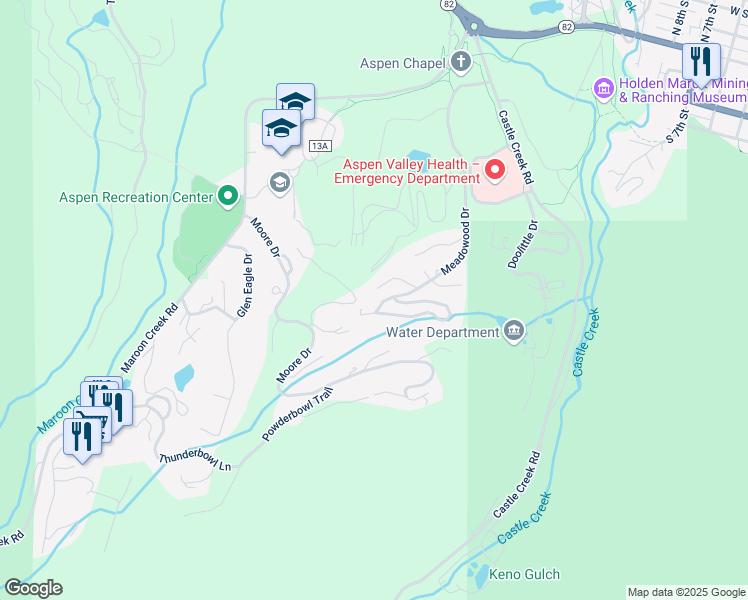 map of restaurants, bars, coffee shops, grocery stores, and more near 28 Larkspur Lane in Aspen