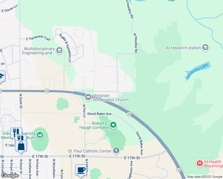 map of restaurants, bars, coffee shops, grocery stores, and more near 1615 East Matlock Road in Bloomington